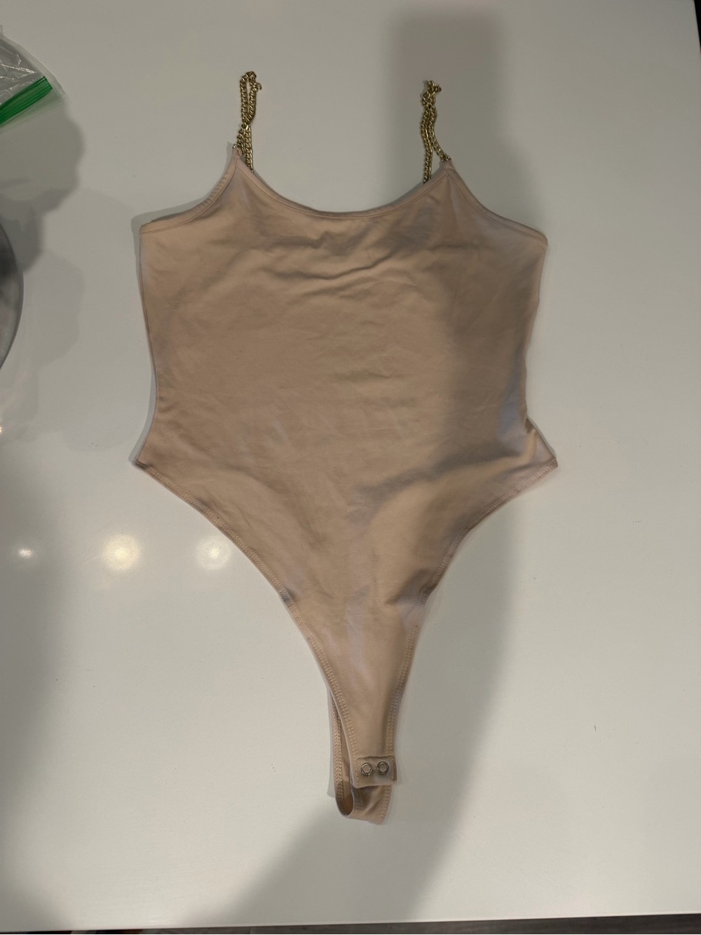 Nude One-Piece Thong Bodysuit with Gold Chain Straps size Medium